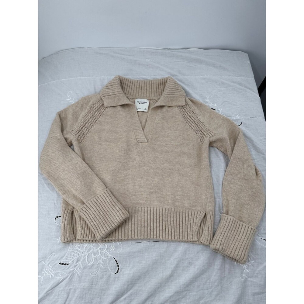 Abercrombie & Fitch Sweater Wm Small Notch Neck Tan Knit Collar Pullover Chunky
